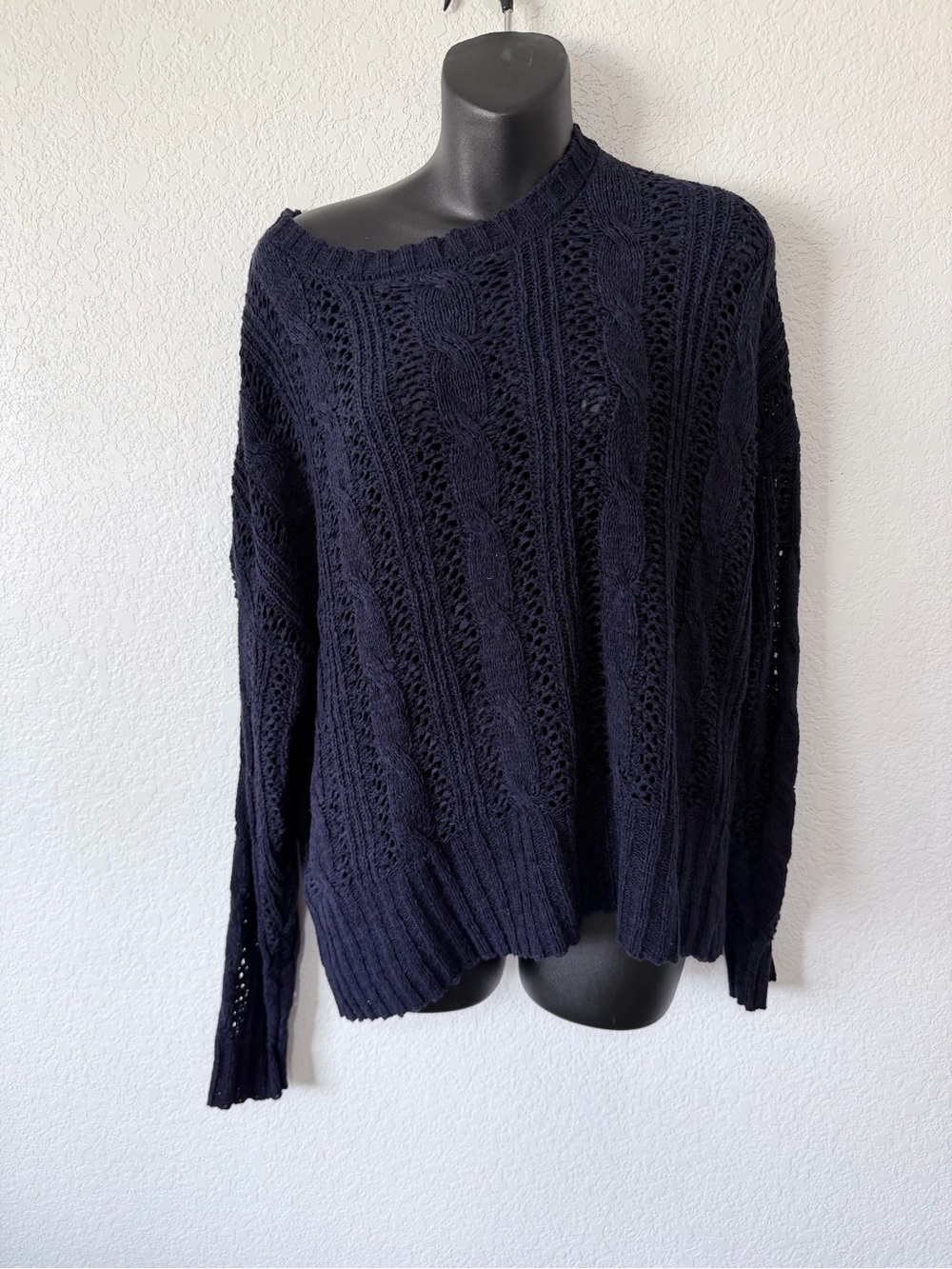 Cyrus Navy Cable & Lace Off-Shoulder Knit Sweater